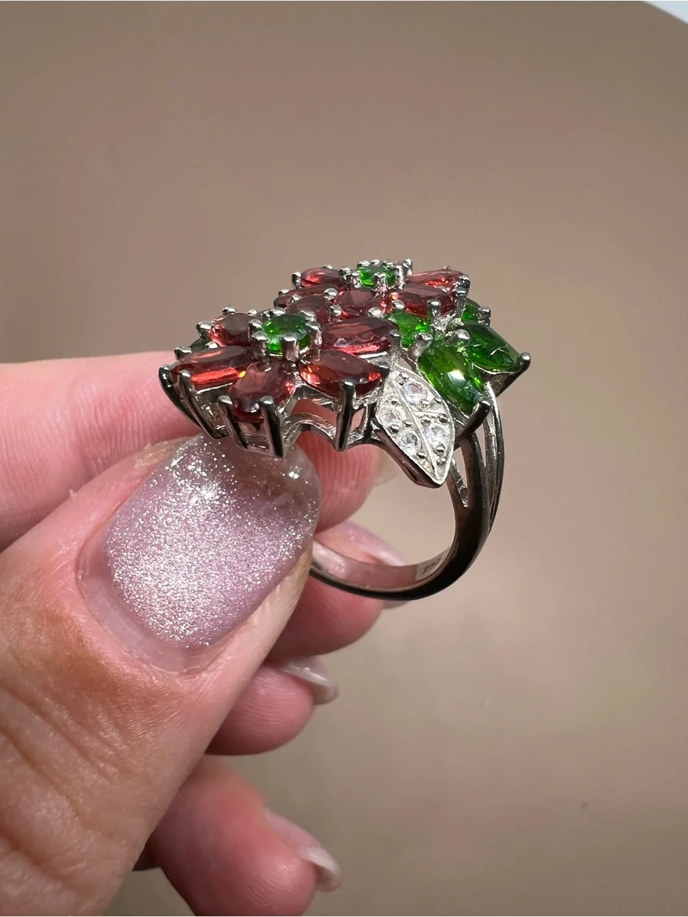 Floral Cluster Ring with Red and Green Gemstones in Sterling Silver